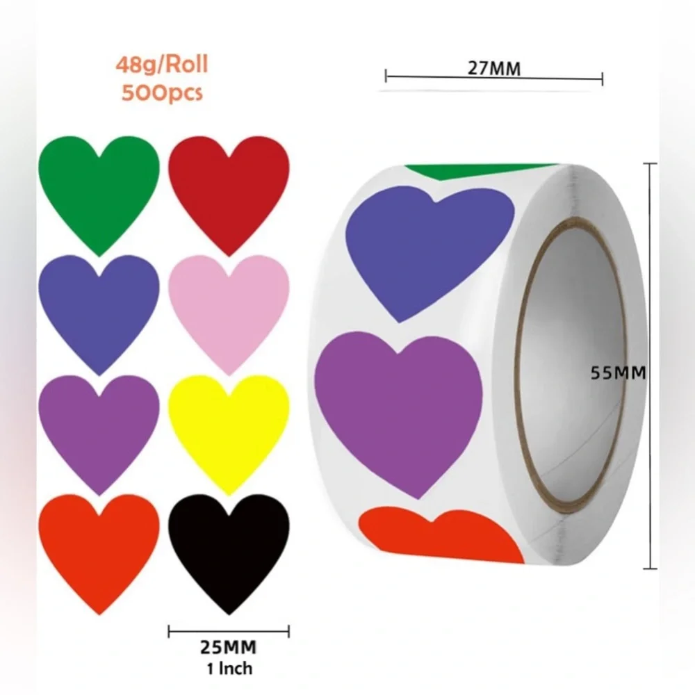 500 1 inch Colorful Heart Stickers Roll